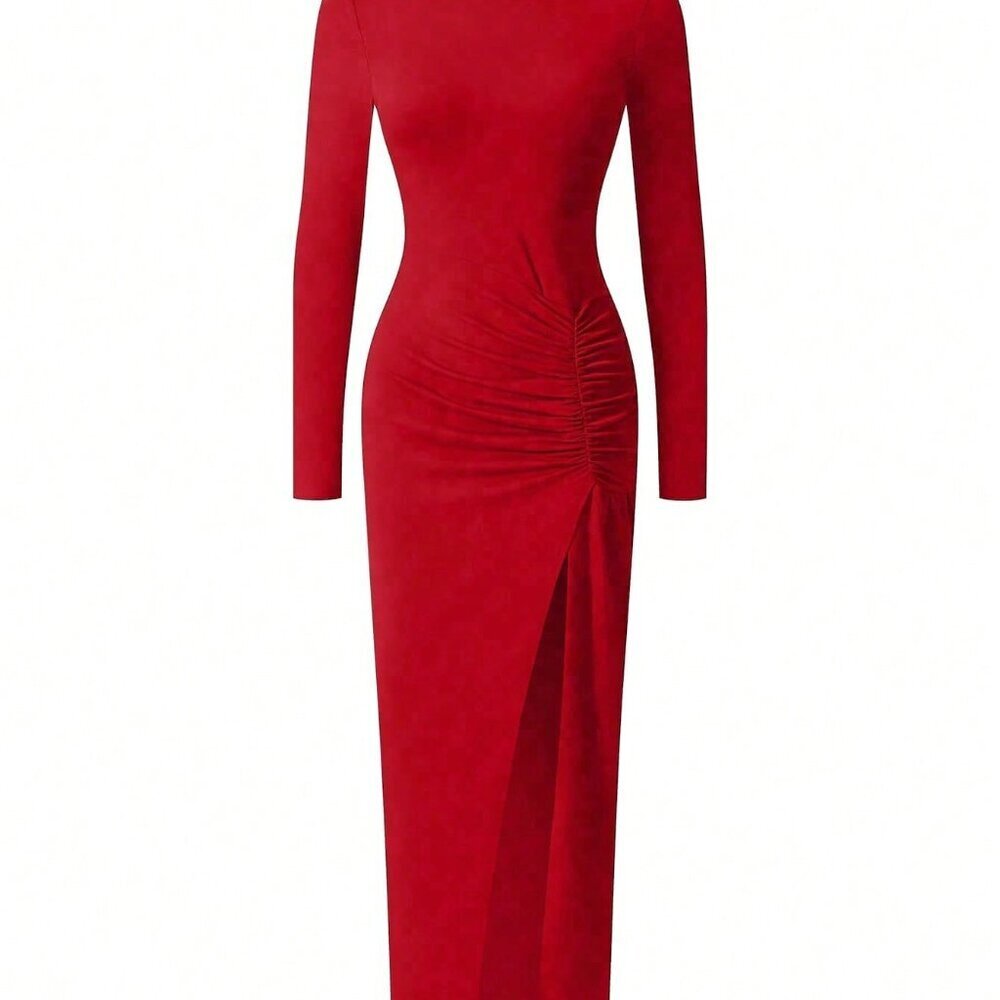 Red Elegant Women's Sexy High Slit A-Line Bodycon Dress - Picture 2 of 6